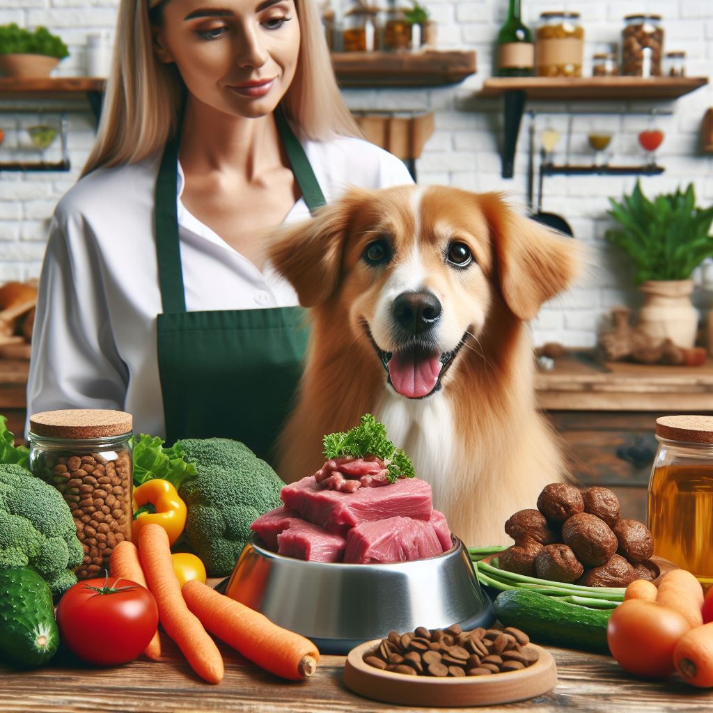 Bild einer Frau mit ihrem Hund in der Küche. Auf dem Tisch liegt viel Gemüse und Fleisch