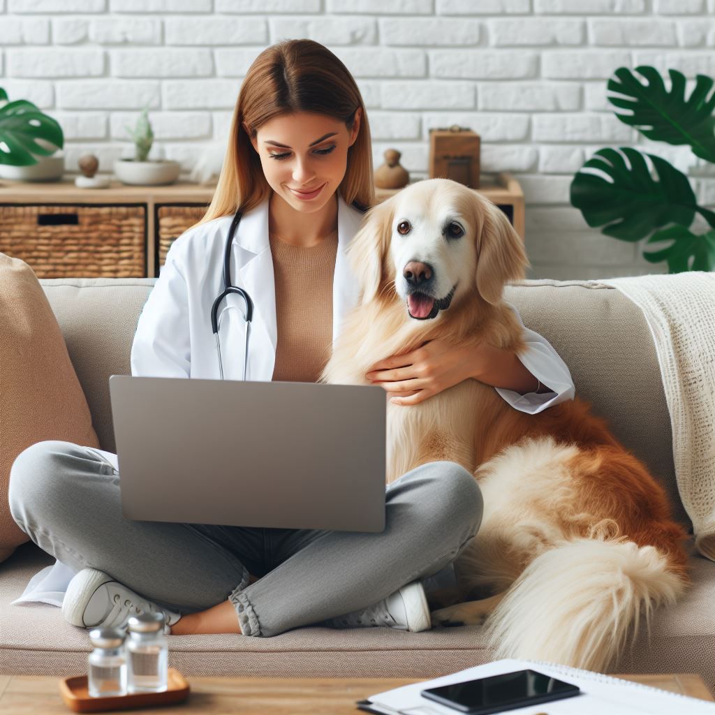Frau sitzt mit ihrem Hund auf der Couch und nimmt mit ihrem Laptop an Fortbildungen der Academy teil