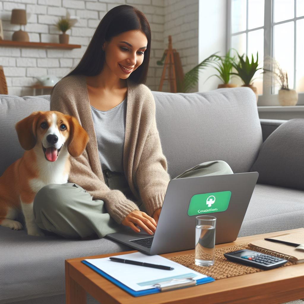 Frau sitzt mit ihrem Hund auf der Couch und nimmt mit ihrem Laptop an Live-Webinaren teil