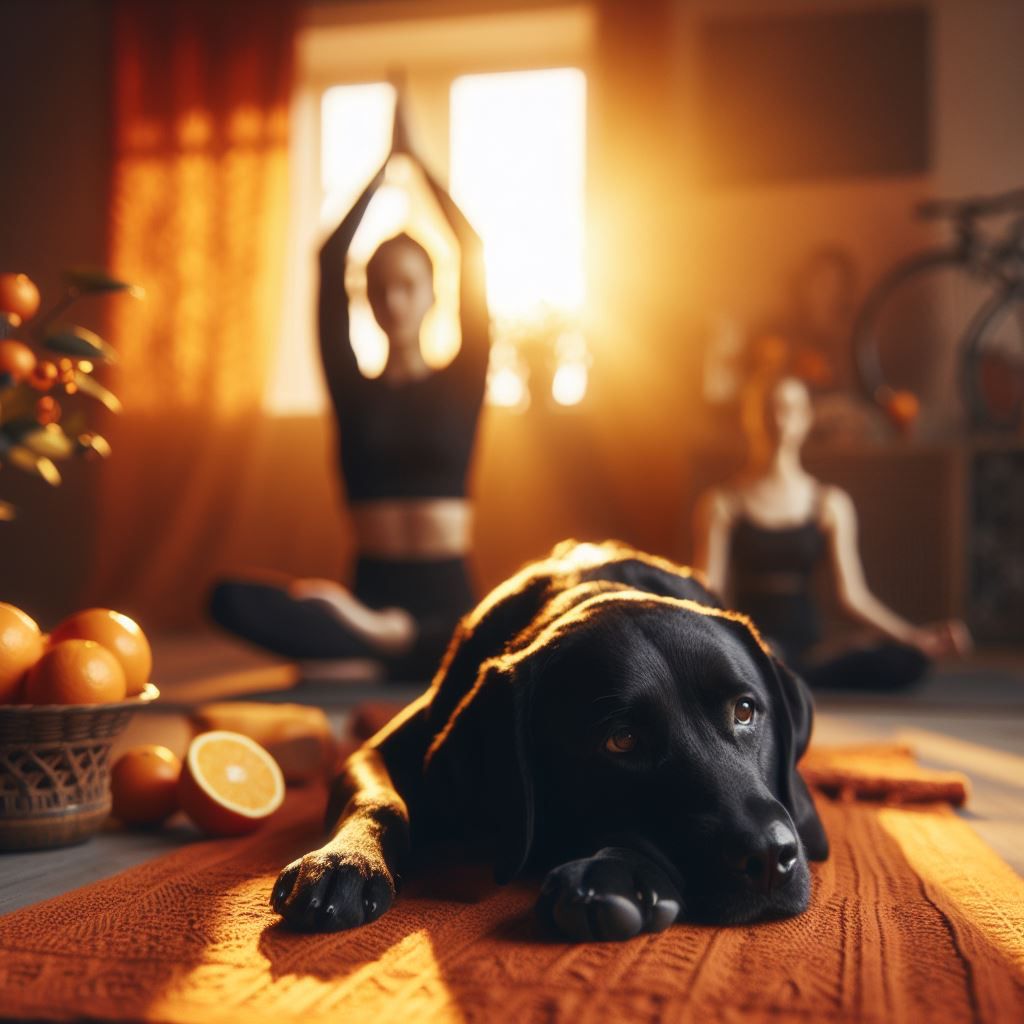 Ein Hund entspannt beim gemeinsamen Yoga mit Menschen