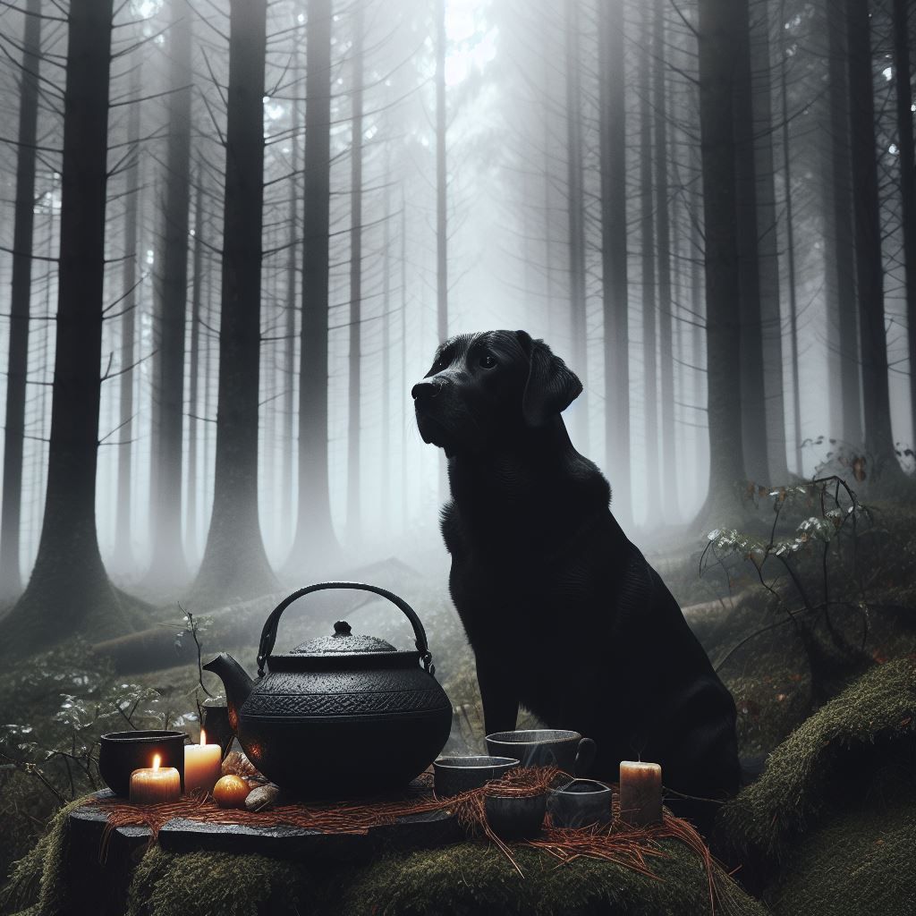 Schwarzer Hund sitzt in einem mystischen, nebeligen Wald vor einem Baumstumpf, auf dem ein Teekessel steht