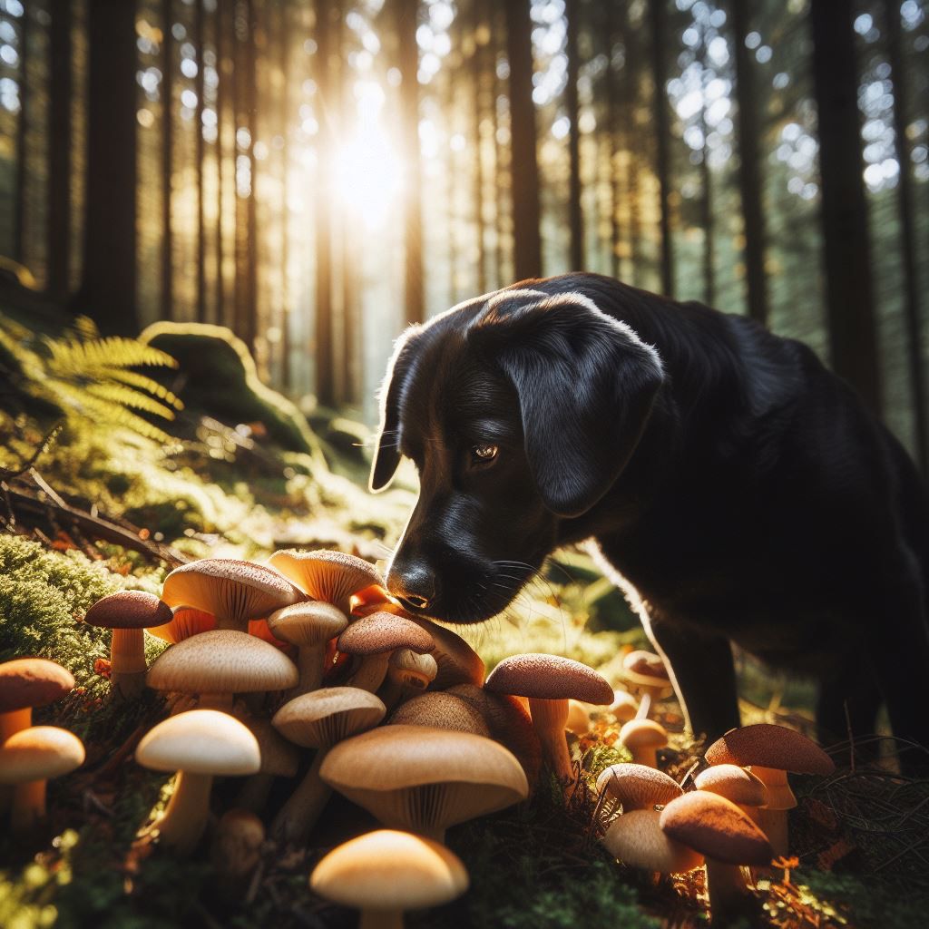 Hund schnuppert im Wald an Pilzen
