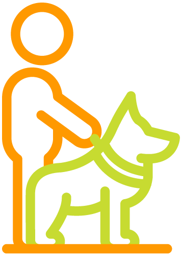 Icon bei dem ein Mensch einen Hund auf dem Spaziergang an der Leine führt