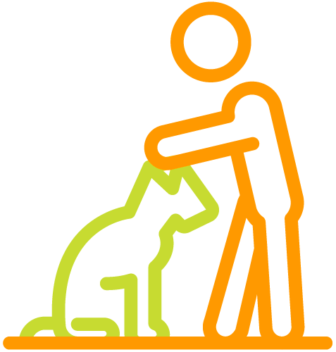 Icon bei dem ein Mensch einen sitzenden Hund streichelt